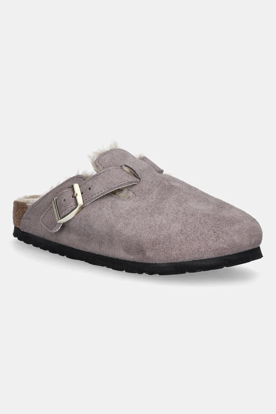 Birkenstock klapki zamszowe Boston Shimmering Shearling płaski fioletowy 1030887