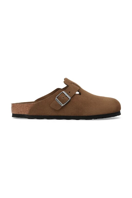 Birkenstock klapki zamszowe Boston płaski brązowy 1030814
