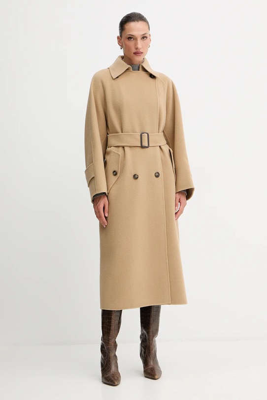 Weekend Max Mara płaszcz wełniany CADINE bez kaptura beżowy 2525016022600