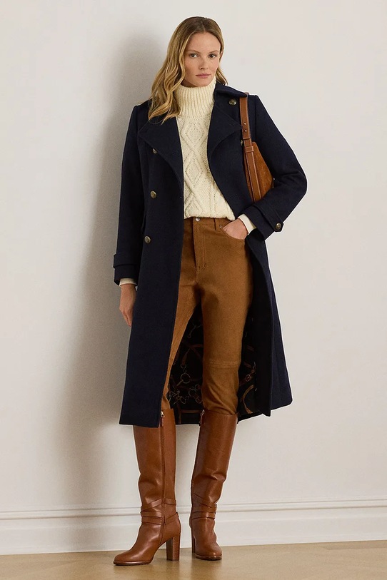 Lauren Ralph Lauren płaszcz z dodatkiem wełny bez kaptura granatowy 297P04150