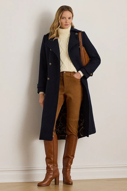 Lauren Ralph Lauren płaszcz z dodatkiem wełny bez kaptura granatowy 297P04150