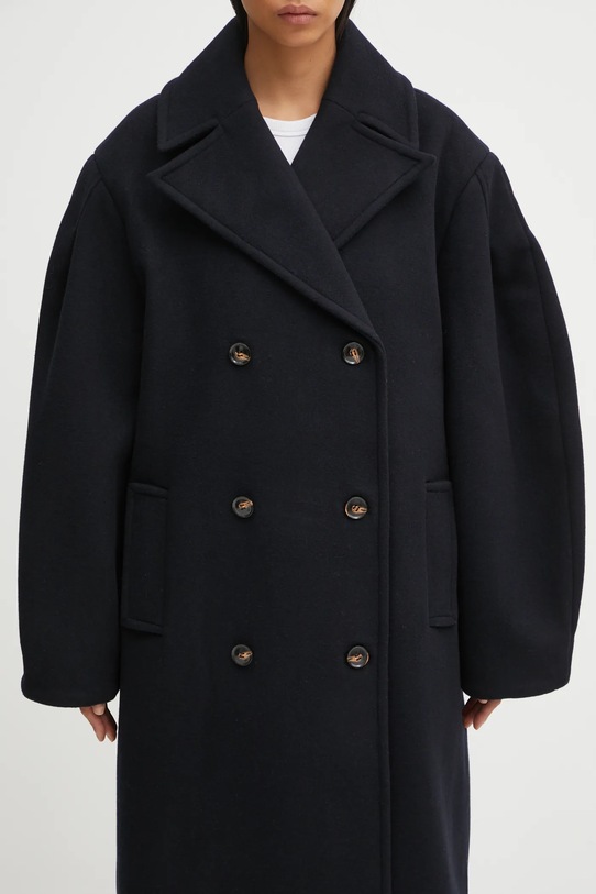 Kabát s prímesou vlny GANNI Peacoat Wool Long tmavomodrá W0802