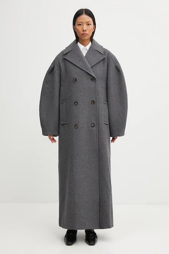 Kabát s prímesou vlny GANNI Peacoat Wool Long prechodné sivá W0929