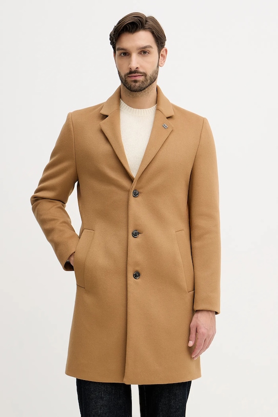 Tommy Hilfiger płaszcz z wełną bez kaptura brązowy MW0MW40768