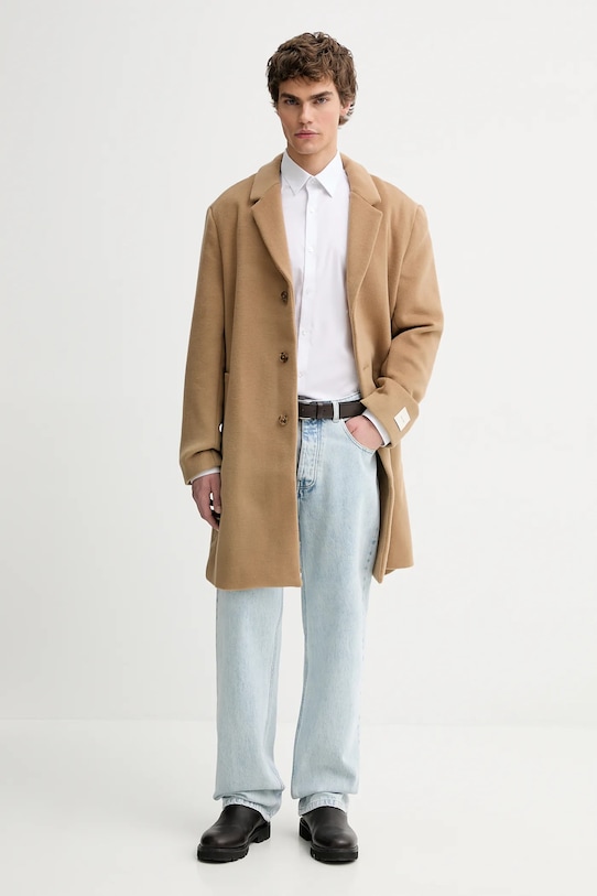 Calvin Klein płaszcz z dodatkiem wełny LV04LD900G brązowy AW25