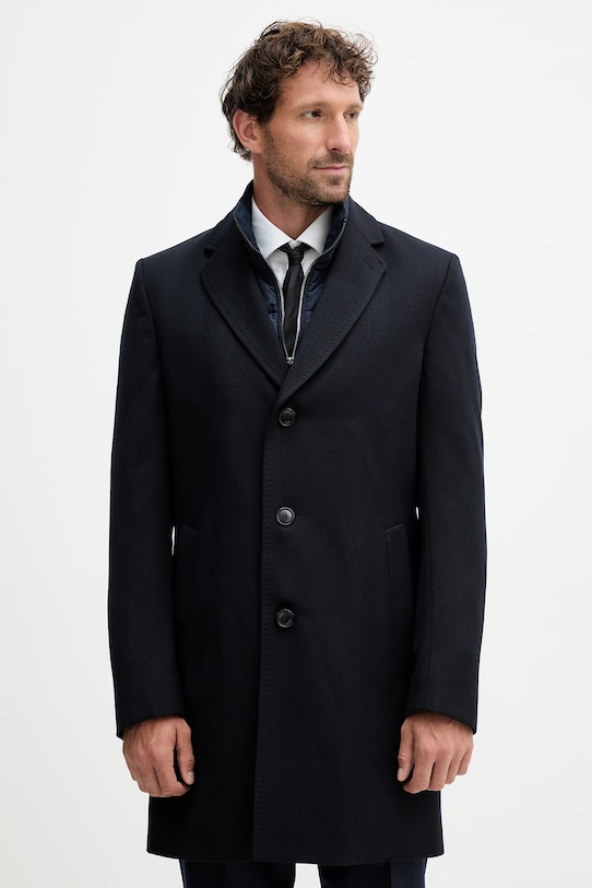 BOSS płaszcz z wełną bez kaptura granatowy 50551117