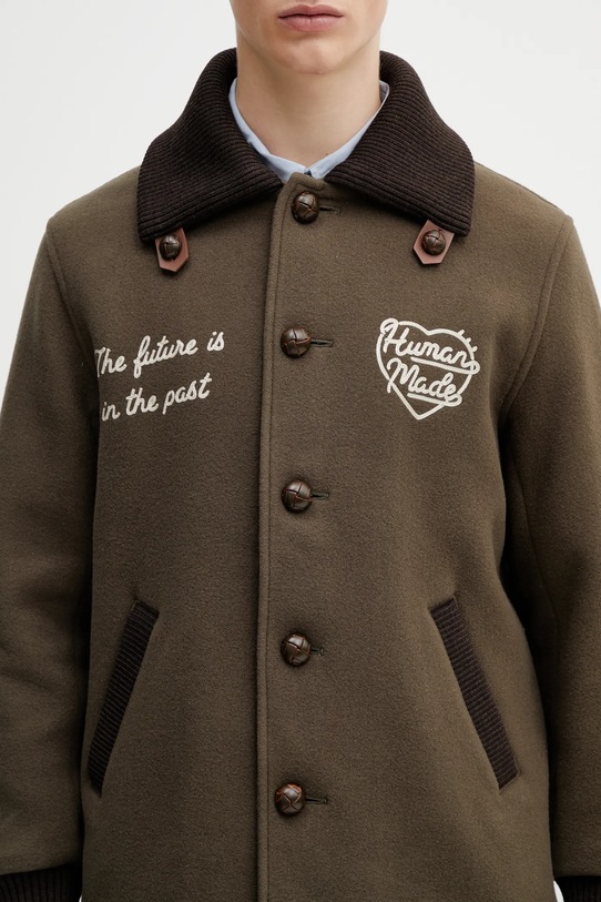 Human Made płaszcz z dodatkiem wełny WOVEN COAT zielony HM30JK029