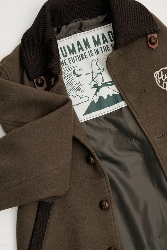 Human Made płaszcz z dodatkiem wełny WOVEN COAT HM30JK029 zielony