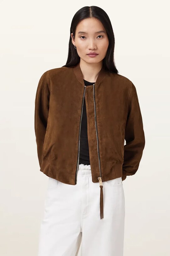 AllSaints kurtka zamszowa ORTEN bez kaptura brązowy W041LD