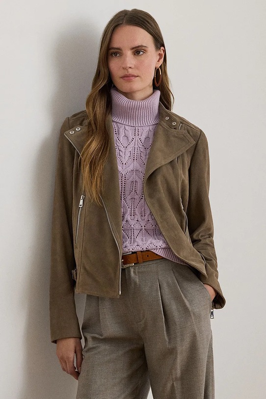 Lauren Ralph Lauren kurtka biker skórzana bez kaptura brązowy 200951236
