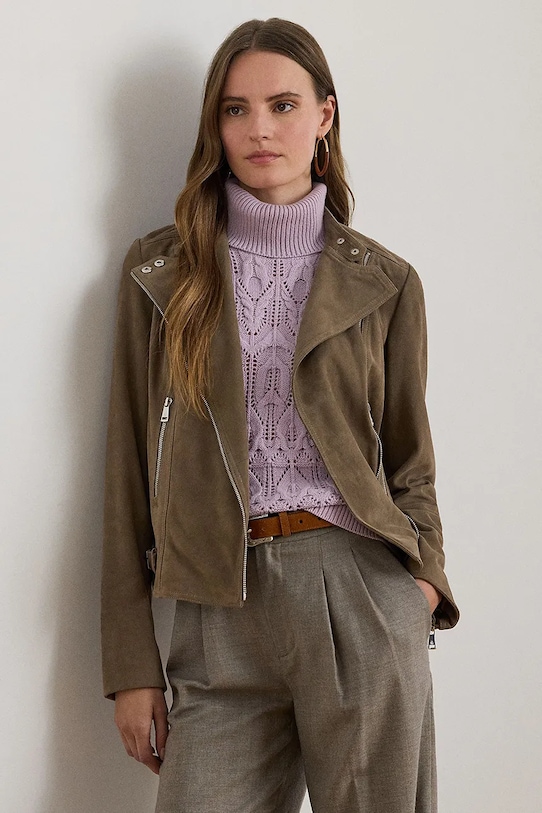 Kožená motorkárska bunda Lauren Ralph Lauren bez kapucne hnedá 200951236