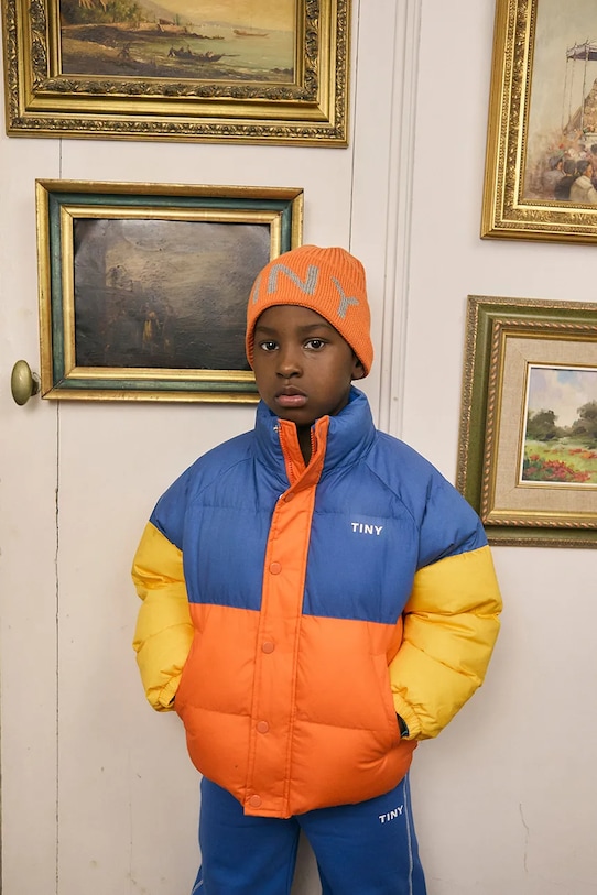 Tinycottons kurtka dziecięca COLOR BLOCK SHORT PADDED JACKET bez kaptura pomarańczowy AW25.142