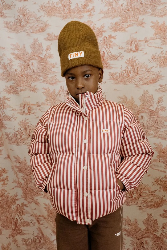 Tinycottons kurtka bawełniana dziecięca STRIPES SHORT PADDED JACKET bez kaptura różowy AW25.484