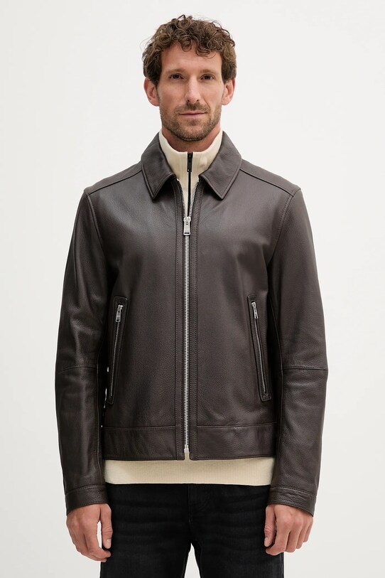 Δερμάτινο μπουφάν BOSS λείο δέρμα καφέ 50543214