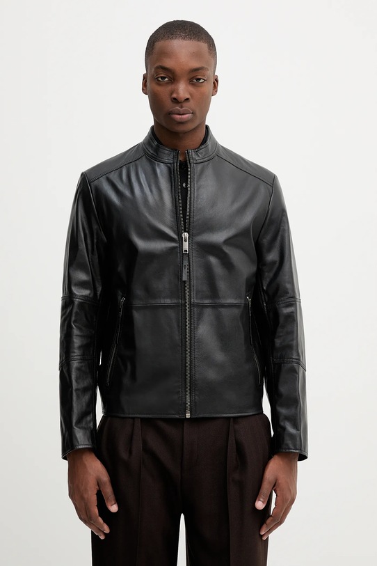 Δερμάτινo jacket HUGO λείο δέρμα μαύρο 50540984