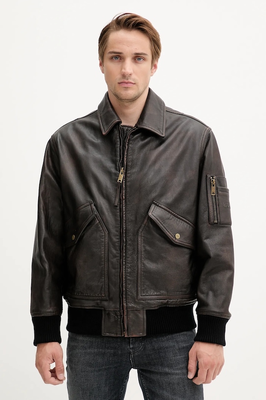 Шкіряна куртка HUGO лицьова шкіра коричневий 50541865