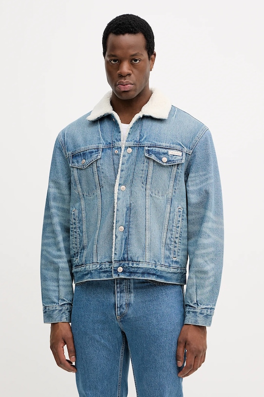 Rifľová bunda Calvin Klein Jeans bez kapucne modrá LV04RD737G