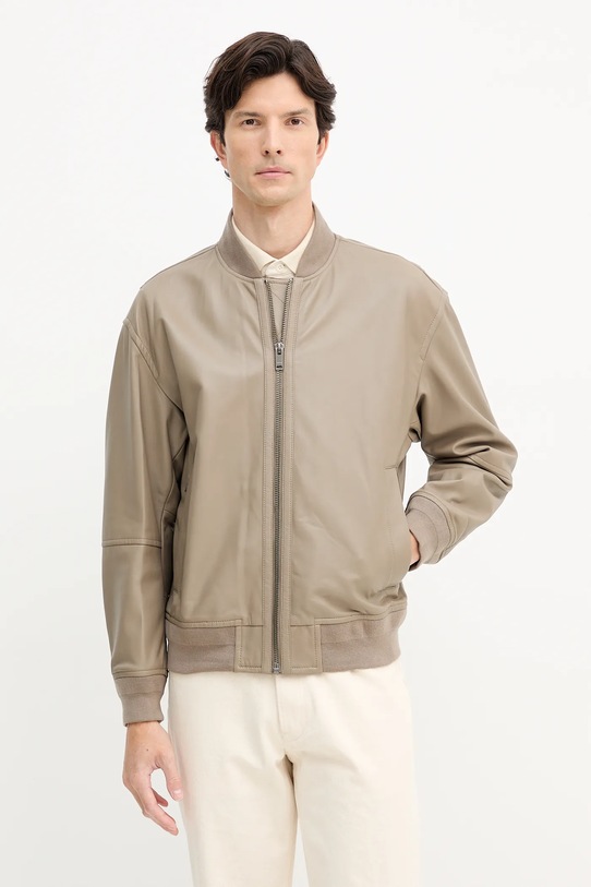 Δερμάτινο μπουφάν bomber BOSS Orange λείο δέρμα μπεζ 50547545