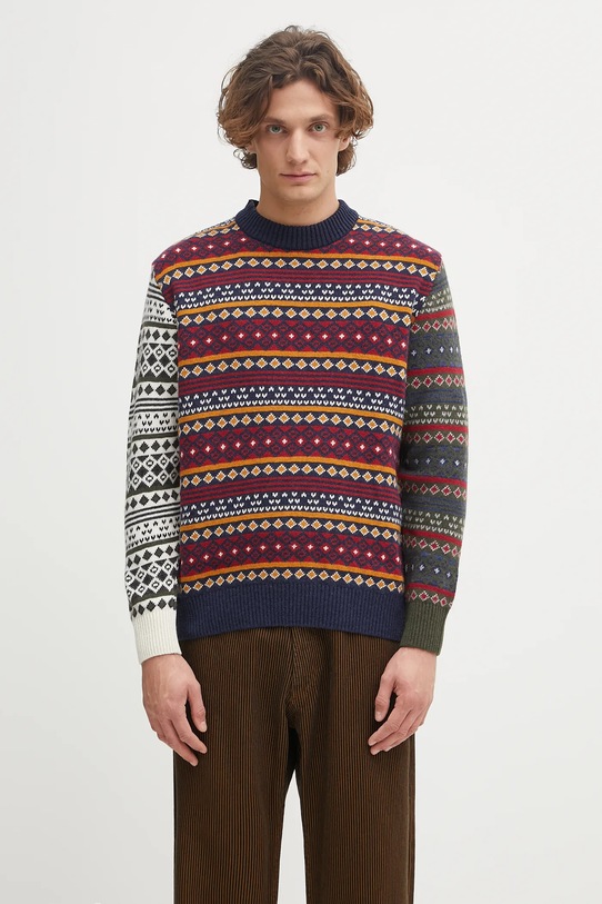 Barbour sweter z dodatkiem wełny Patchwork Fair Isle Crew Neck Sweater okrągły granatowy MKN1651NY31