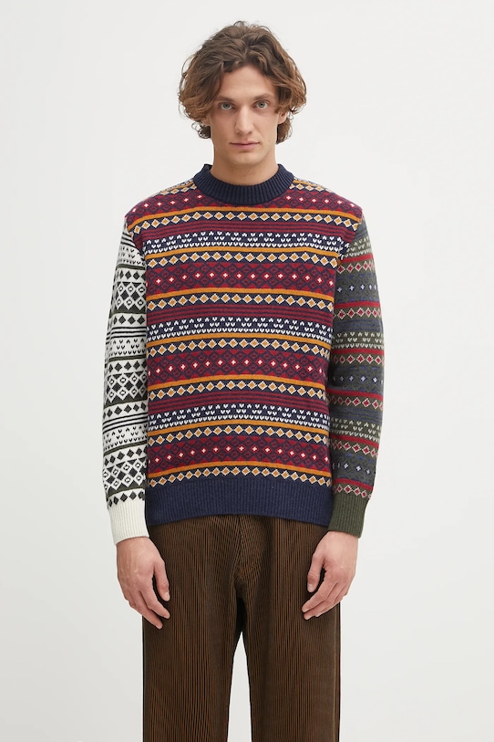 Barbour sweter z dodatkiem wełny Patchwork Fair Isle Crew Neck Sweater okrągły granatowy MKN1651NY31