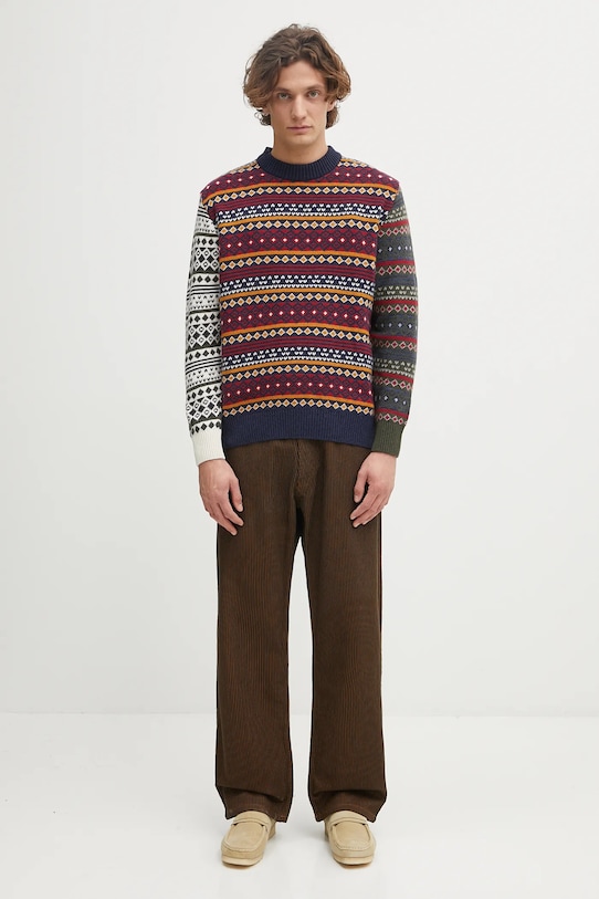 Barbour sweter z dodatkiem wełny Patchwork Fair Isle Crew Neck Sweater MKN1651NY31 granatowy