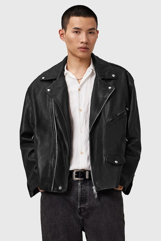 Kožená bunda AllSaints BRADFORD prechodné čierna M005LD