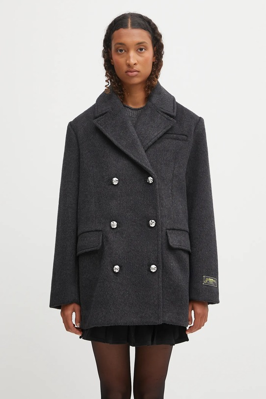 Kabát s prímesou vlny GANNI Double Faced Wool Doublebreasted Blazer prechodné sivá W0567