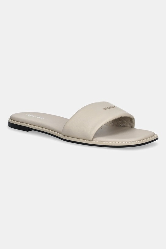 Calvin Klein klapki skórzane FLAT SANDAL SQUARE HF LTH płaski beżowy HW0HW02652