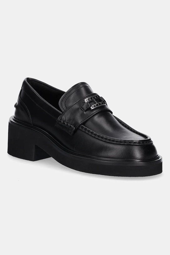 Δερμάτινα μοκασίνια Tommy Jeans TJW CHUNKY HEEL LOAFER ίσια πλατφόρμα μαύρο EN0EN02789