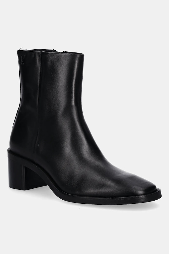 Calvin Klein botki skórzane BLOCK HEEL ZIP BOOT LTH słupek czarny HW0HW02593