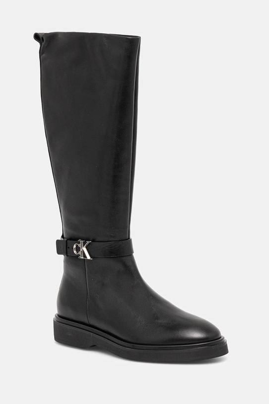 Calvin Klein kozaki skórzane KNEE BOOT W/ METAL LOGO płaski czarny HW0HW02665