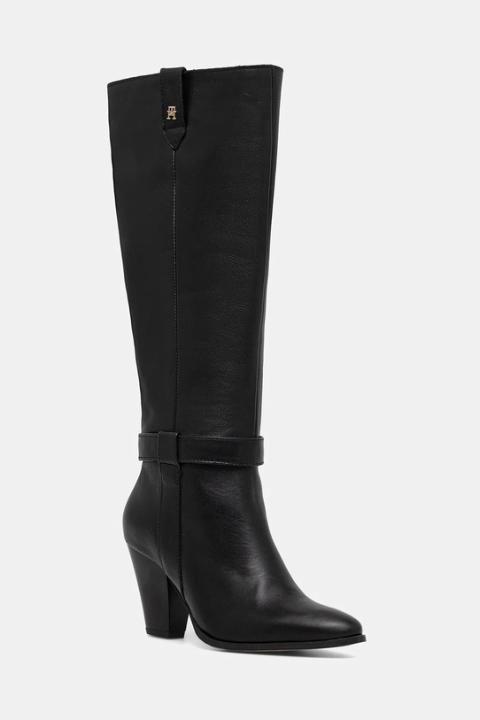 Kožené kozačky Tommy Hilfiger TH T-STRAP LTHR POINTY LONG BOOT nezateplené černá FW0FW08982