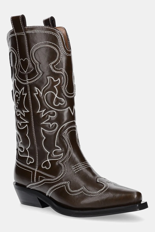 GANNI kowbojki Mid Shaft Embroidered Western Boot Oleatex nieocieplane brązowy S3112