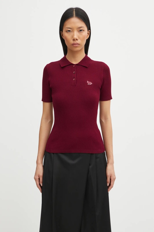 Maison Kitsuné wool blend sweater Baby Fox Fine Rib Wool button down collar maroon PW00206KT1155