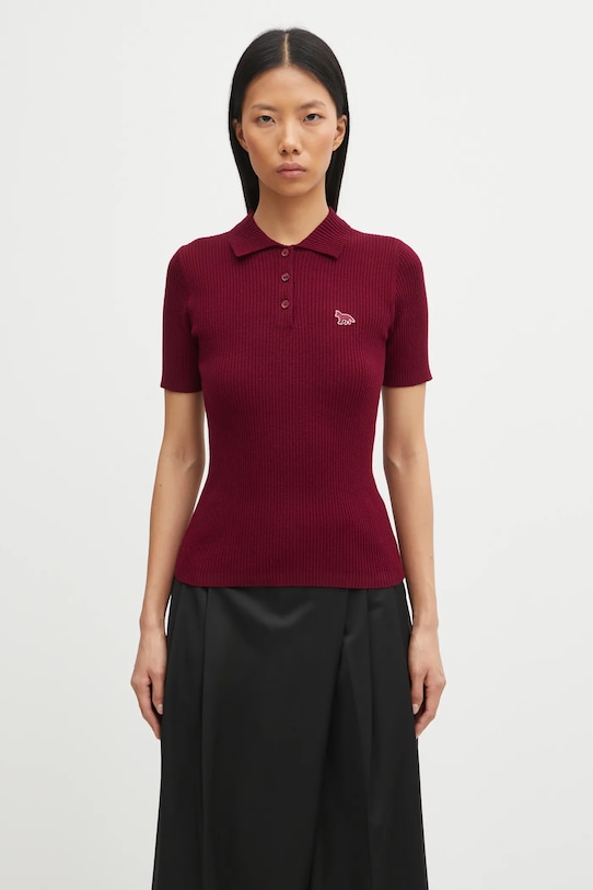 Maison Kitsuné wool blend sweater Baby Fox Fine Rib Wool button down collar maroon PW00206KT1155