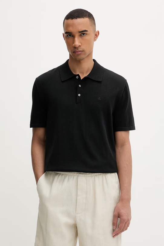 Calvin Klein Πλεκτό μπλουζάκι πόλο Ανδρικό βαμβακερό μαύρο LV04LC326G