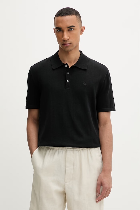 Calvin Klein Πλεκτό μπλουζάκι πόλο Ανδρικό βαμβακερό μαύρο LV04LC326G