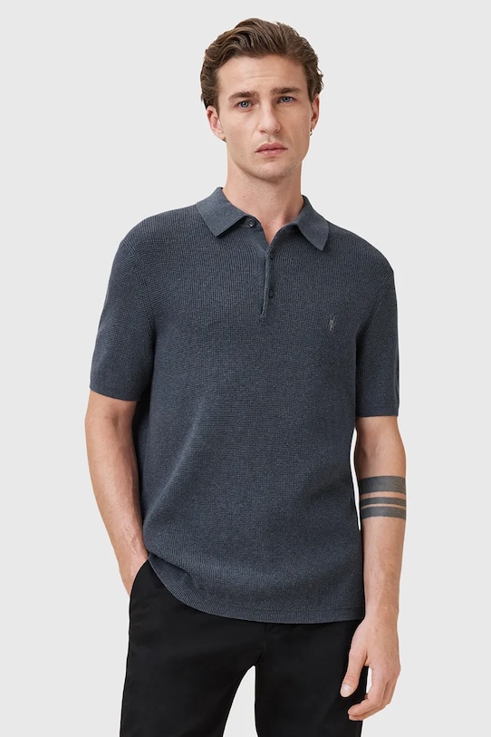 Polo tričko z vlněné směsi AllSaints ASPEN hladký námořnická modř M025KA