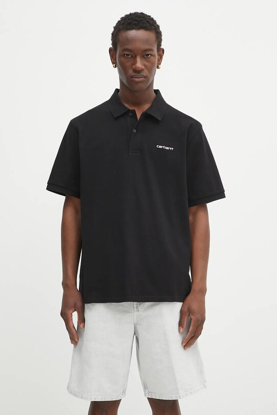 Carhartt WIP polo bawełniane S/S Carhartt Script gładkie czarny I035231.0D2XX