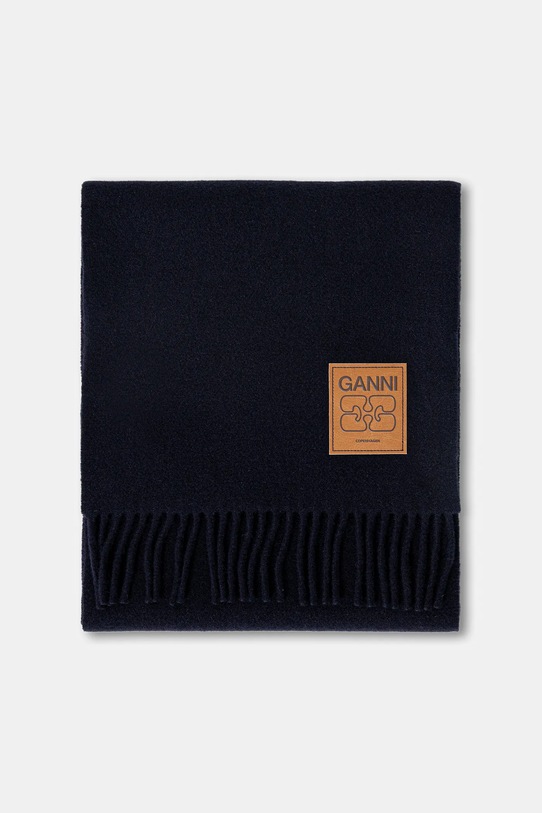 GANNI szalik wełniany Double Face Wool Solid A6931 granatowy AW25