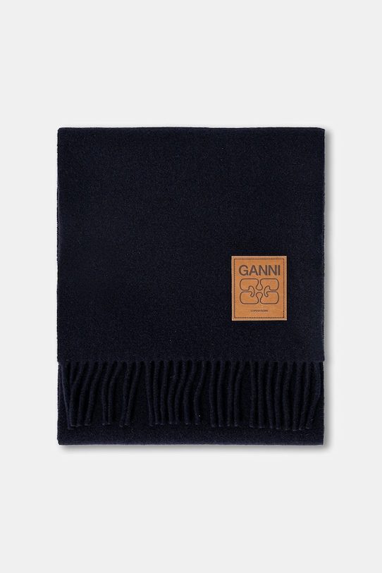 Vlněná šála GANNI Double Face Wool Solid A6931 námořnická modř AW25
