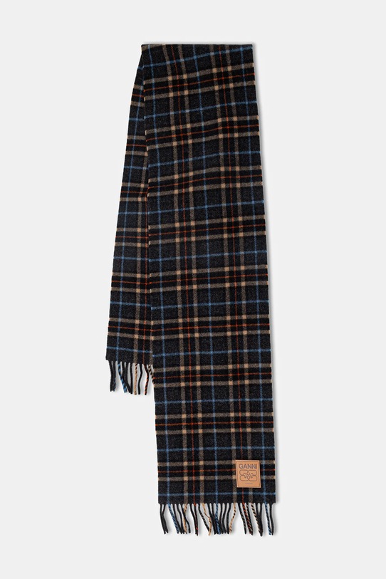 GANNI szalik wełniany Double Face Wool Check dzianina szary A6933