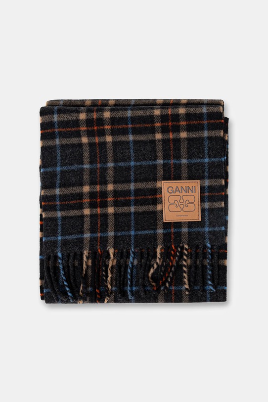 GANNI szalik wełniany Double Face Wool Check A6933 szary AW25