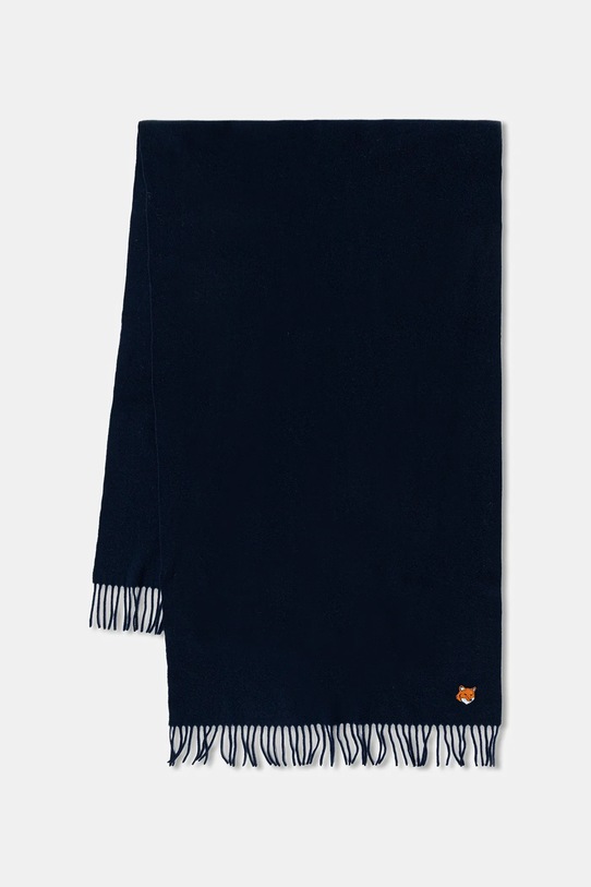 Maison Kitsuné szalik wełniany Fox Head gładkie granatowy PM06201WB0044