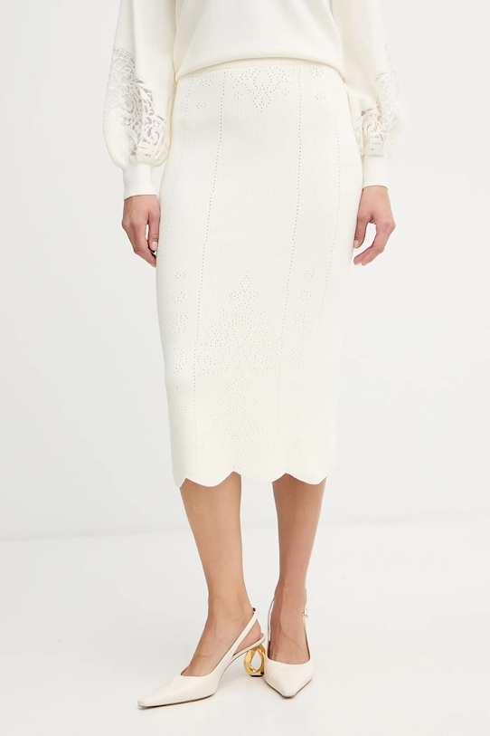 Twinset spódnica z domieszką wełny midi beżowy 252TT3215