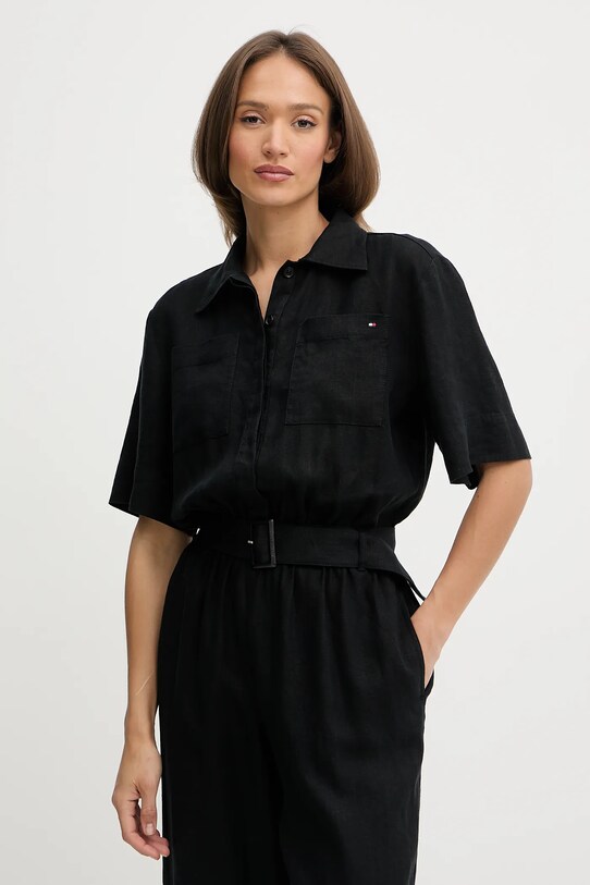 Лляний комбінезон Tommy Hilfiger чорний WW0WW47168