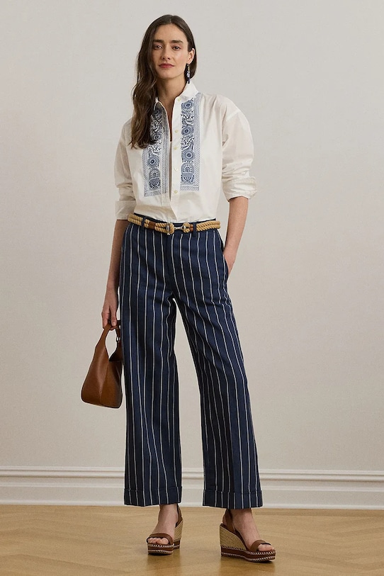 Oblečení Kalhoty s příměsí lnu Lauren Ralph Lauren 200978536 námořnická modř