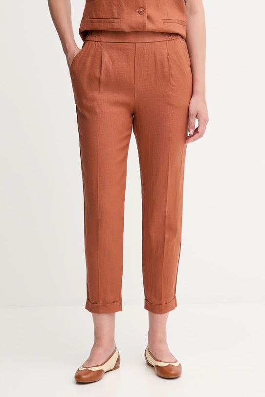 Λινό παντελόνι United Colors of Benetton ψηλή πορτοκαλί 4AGHDF079