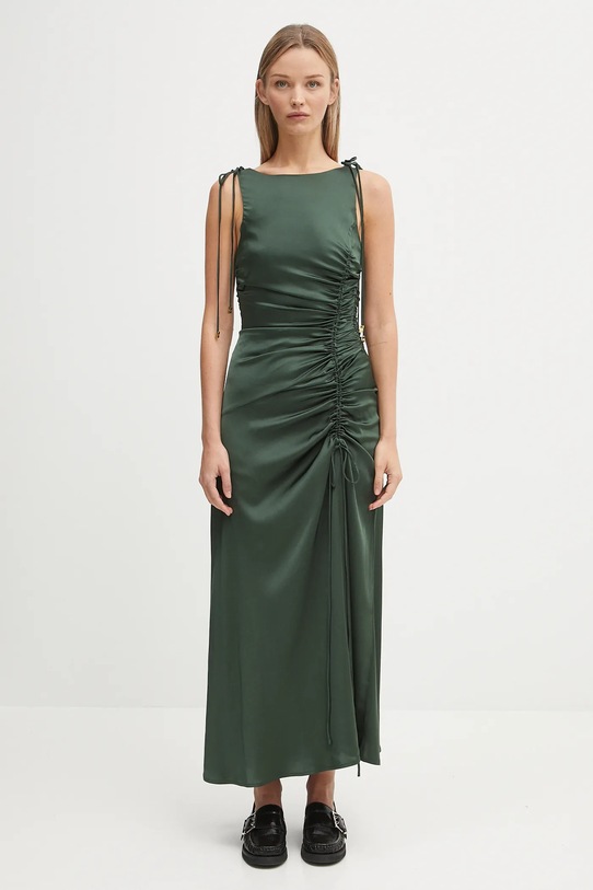 Φόρεμα GANNI Solid Stretch Satin Gathered Long με ελαστάν πράσινο W0739