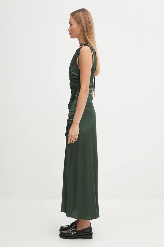 GANNI sukienka Solid Stretch Satin Gathered Long W0739 zielony AW25